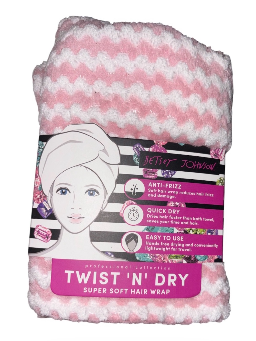 Betsey Johnson Pink & White Chevron Twist 'N' Dry Hair Wrap